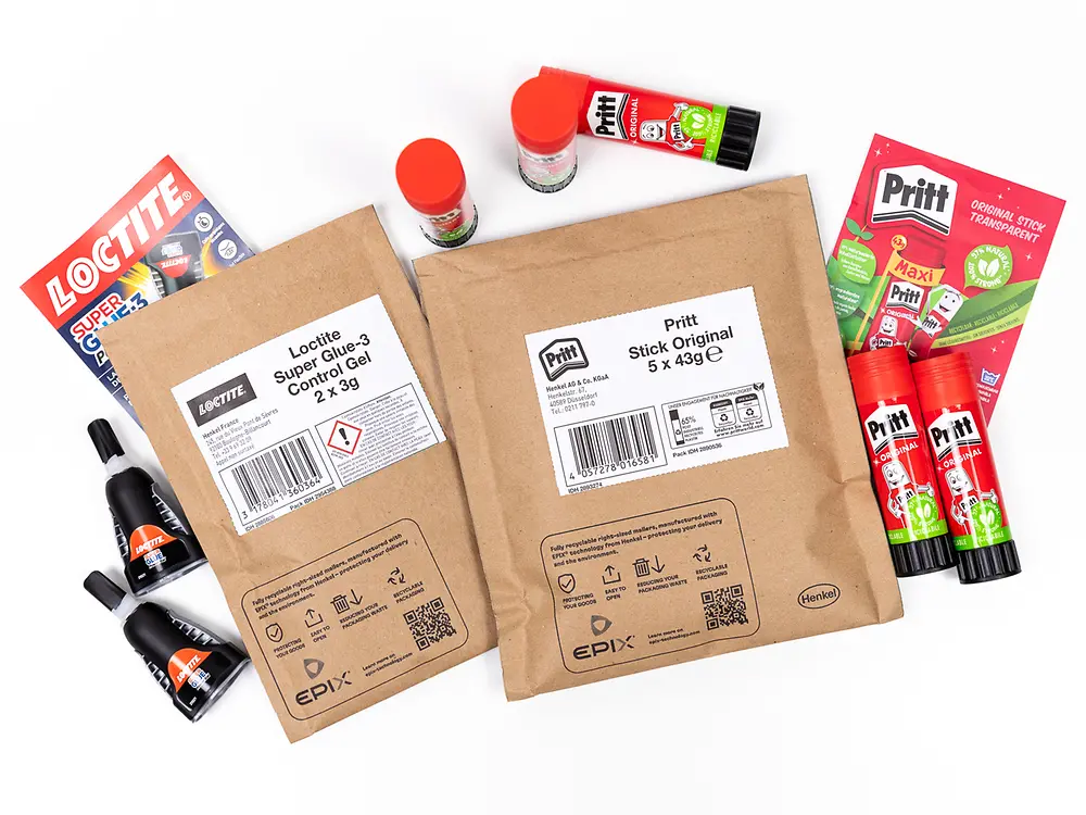 
E-commerce consumers now receive Pritt and Loctite products in certain online channels in EPIX padded mailers that are made from 90 percent recycled paper and are 92 percent recyclable, with several further advantages.