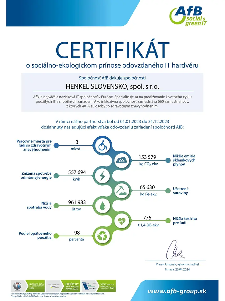 Spoločnosť Henkel Slovensko odovzdala na recykláciu viac ako 2 tony IT zariadení a znížila ich vplyv na životné prostredie